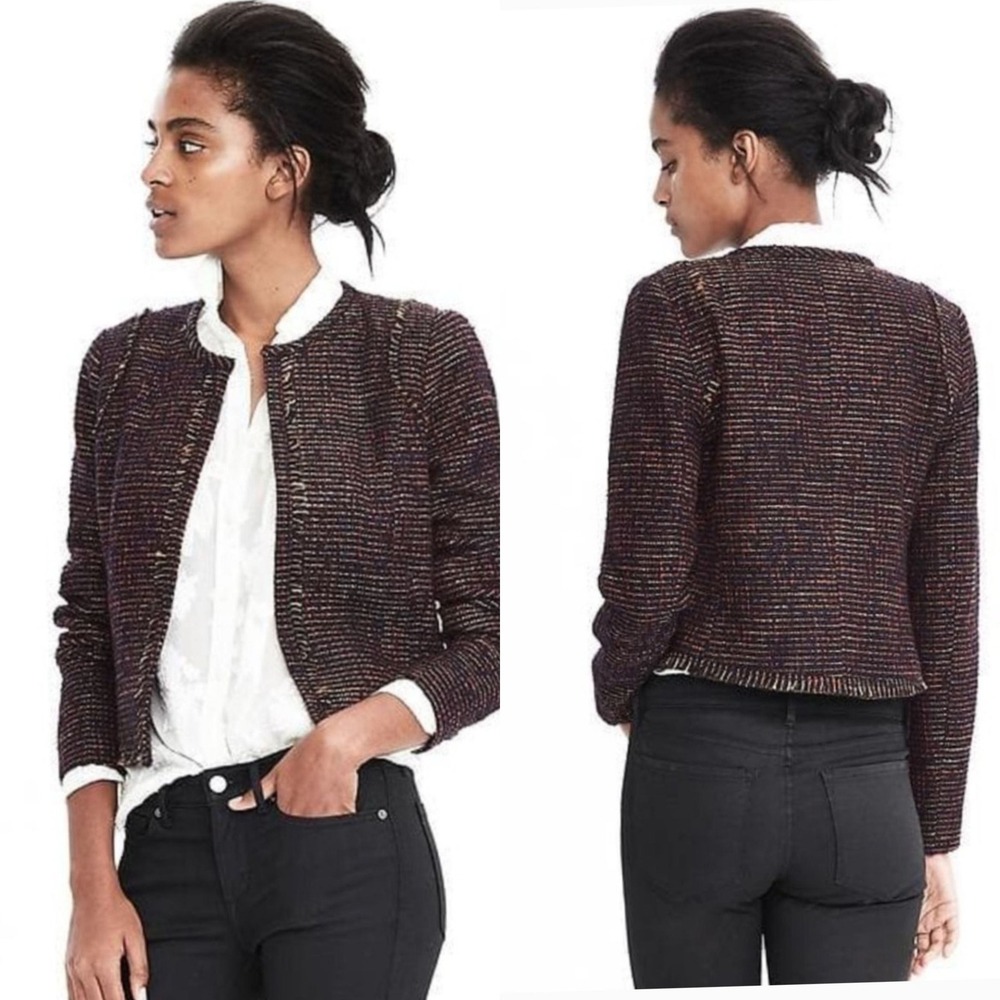 Banana Republic Black Burgundy Silver Boucle Tweed Jacket Blazer Frayed‎ Trim